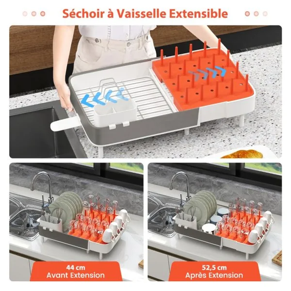 Égouttoir à Vaisselle en Acier Inoxydable & PP Extensible avec Porte-Couverts Amovible Porte-gobelets Drainage Automatique