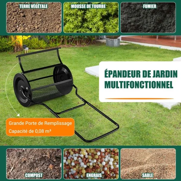 Épandeur à Compost de 60,5 cm Rouleau en Treillis Métallique Épandeur de Gazon avec Poignée en Forme de ‘U’ Loquets Latéraux Vert/Noir