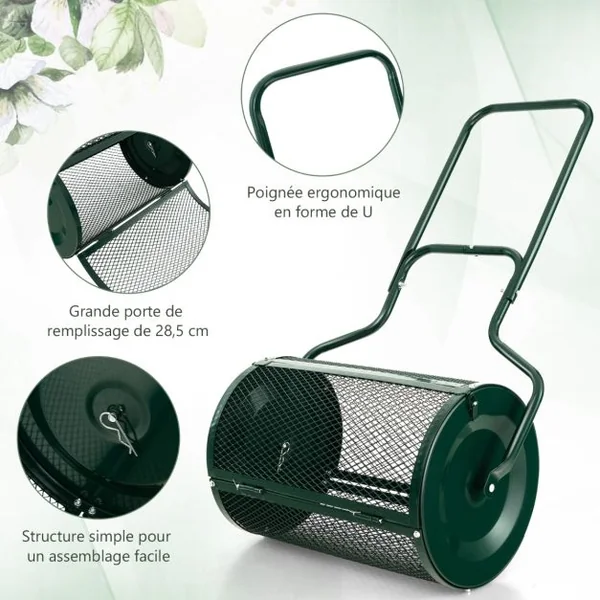 Épandeur à Compost de 68 cm Rouleau en Treillis Métallique Épandeur de Gazon avec Poignée en Forme de ‘U’ Loquets Latéraux Vert/Noir