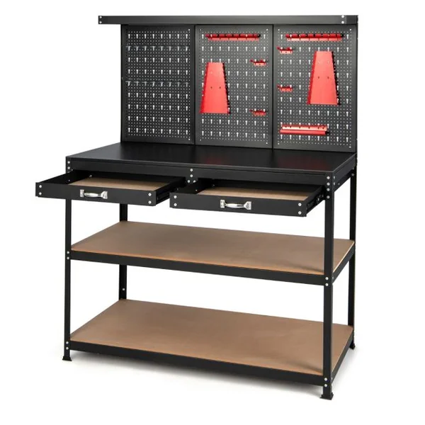 Établi Atelier Garage avec Étagères et Tiroirs Panneaux Perforés Table de Travail Cadre en Métal avec 25 Porte-outils 121 x 61 x 156 cm Noir