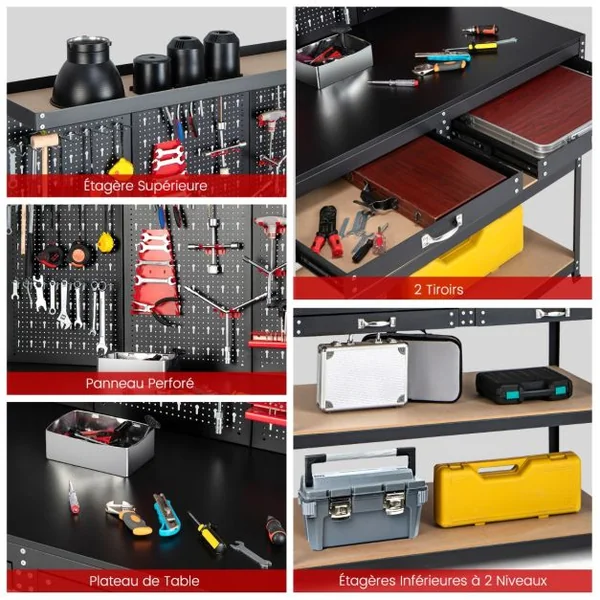 Établi Atelier Garage avec Étagères et Tiroirs Panneaux Perforés Table de Travail Cadre en Métal avec 25 Porte-outils 121 x 61 x 156 cm Noir