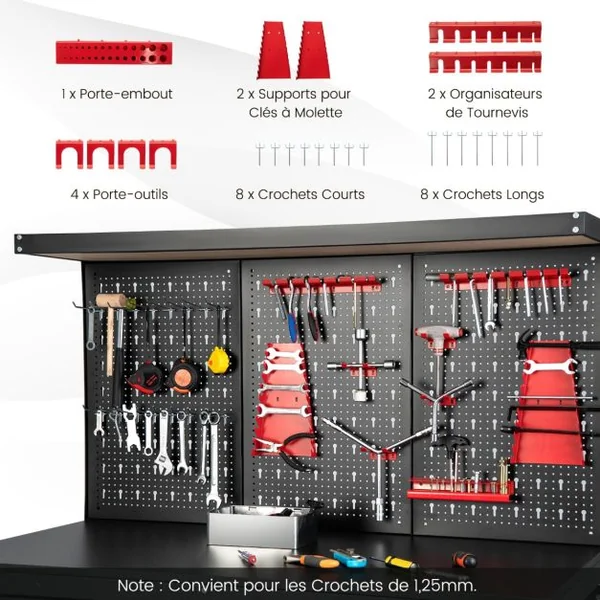 Établi Atelier Garage avec Étagères et Tiroirs Panneaux Perforés Table de Travail Cadre en Métal avec 25 Porte-outils 121 x 61 x 156 cm Noir