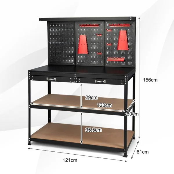 Établi Atelier Garage avec Étagères et Tiroirs Panneaux Perforés Table de Travail Cadre en Métal avec 25 Porte-outils 121 x 61 x 156 cm Noir