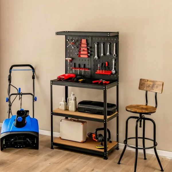 Établi de Travail avec 2 Panneau Perforé et 2 Étagères Inférieures 13 Accessoires de Suspension Trousses de Crochet en Acier Noir