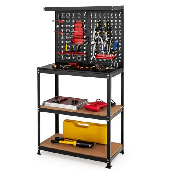 Établi de Travail avec 2 Panneau Perforé et 2 Étagères Inférieures 13 Accessoires de Suspension Trousses de Crochet en Acier Noir