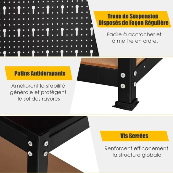 Établi de Travail avec 2 Panneau Perforé et 2 Étagères Inférieures 13 Accessoires de Suspension Trousses de Crochet en Acier Noir