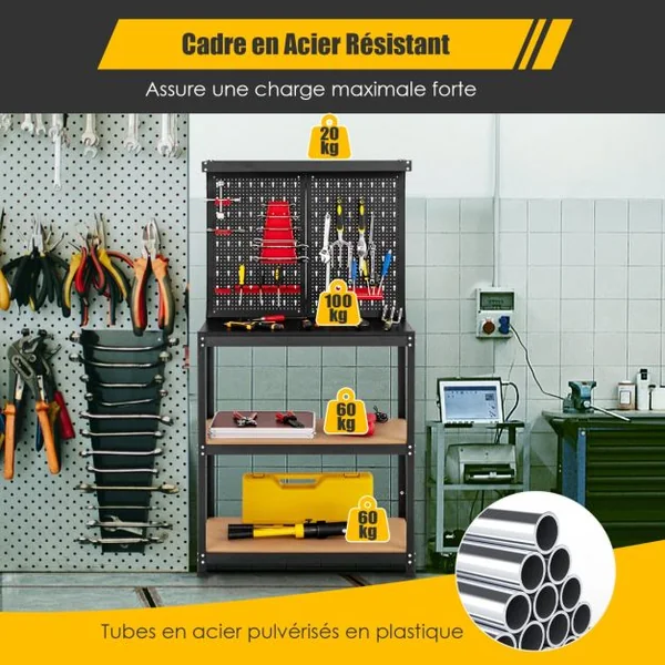 Établi de Travail avec 2 Panneau Perforé et 2 Étagères Inférieures 13 Accessoires de Suspension Trousses de Crochet en Acier Noir