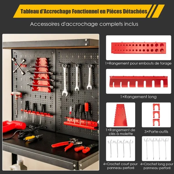 Établi de Travail avec 2 Panneau Perforé et 2 Étagères Inférieures 13 Accessoires de Suspension Trousses de Crochet en Acier Noir