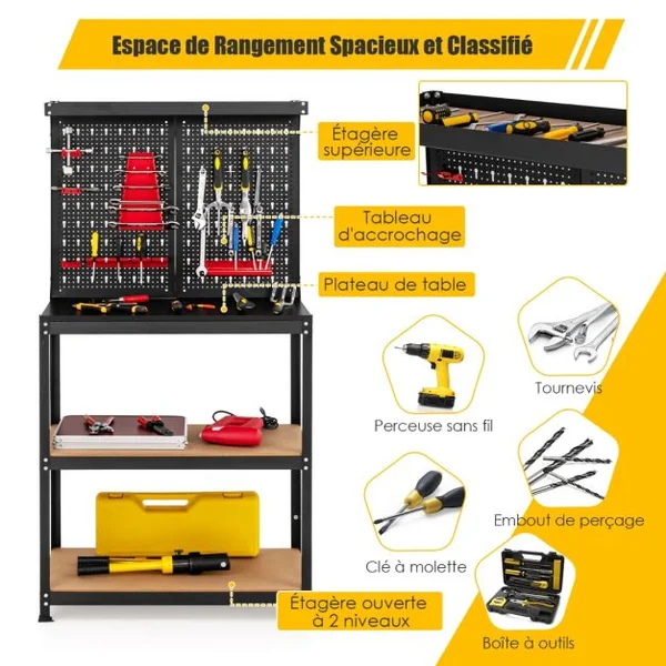 Établi de Travail avec 2 Panneau Perforé et 2 Étagères Inférieures 13 Accessoires de Suspension Trousses de Crochet en Acier Noir