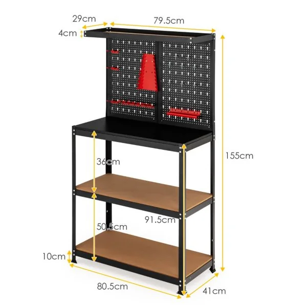 Établi de Travail avec 2 Panneau Perforé et 2 Étagères Inférieures 13 Accessoires de Suspension Trousses de Crochet en Acier Noir