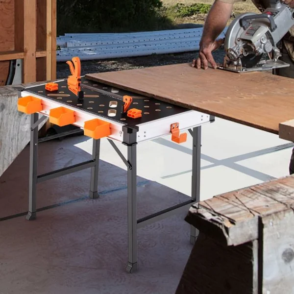 Établi Pliable avec 2 Pinces et 4 Serrages Table de Travail Portable avec 3 Boîtes à Outils Banc de Menuiserie Charge 454KG pour Garage Orange