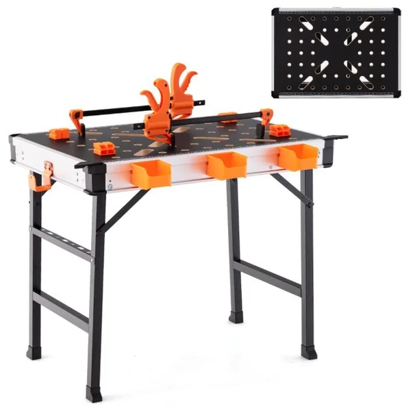 Établi Pliable avec 2 Pinces et 4 Serrages Table de Travail Portable avec 3 Boîtes à Outils Banc de Menuiserie Charge 454KG pour Garage Orange