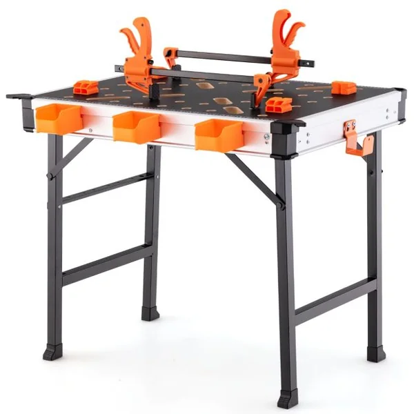 Établi Pliable avec 2 Pinces et 4 Serrages Table de Travail Portable avec 3 Boîtes à Outils Banc de Menuiserie Charge 454KG pour Garage Orange