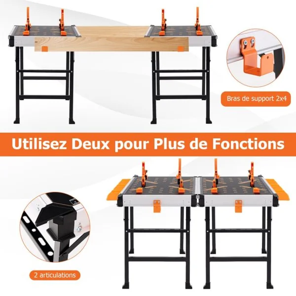 Établi Pliable avec 2 Pinces et 4 Serrages Table de Travail Portable avec 3 Boîtes à Outils Banc de Menuiserie Charge 454KG pour Garage Orange