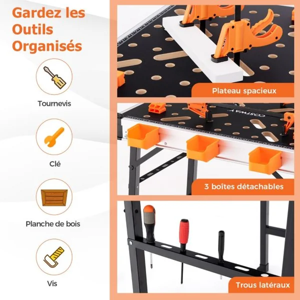 Établi Pliable avec 2 Pinces et 4 Serrages Table de Travail Portable avec 3 Boîtes à Outils Banc de Menuiserie Charge 454KG pour Garage Orange