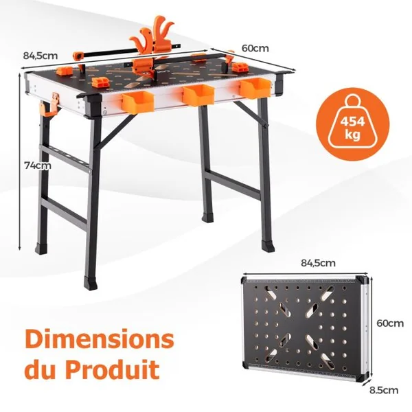 Établi Pliable avec 2 Pinces et 4 Serrages Table de Travail Portable avec 3 Boîtes à Outils Banc de Menuiserie Charge 454KG pour Garage Orange