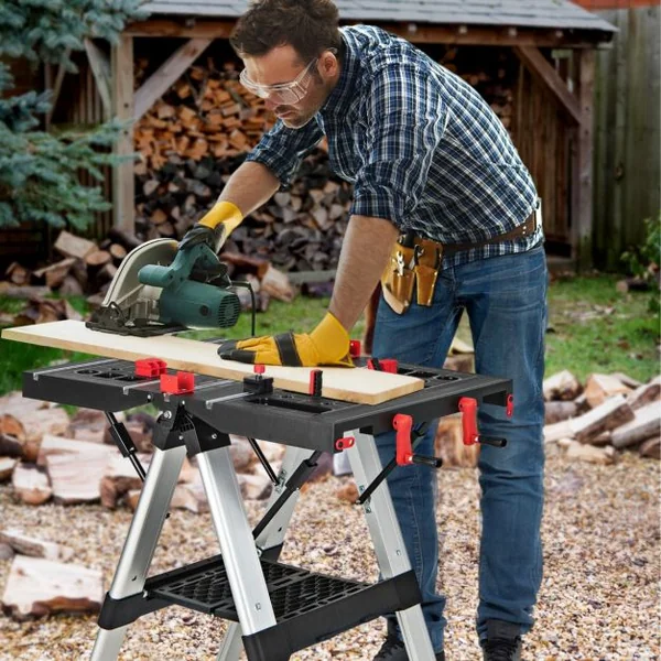 Établi Pliable avec Plate-Forme 2 en 1 et 2 Hauteurs Réglables Support de Scie Garage Cadre en Alu avec Système de Serrage et Pinces Charge 200KG Noir + Rouge