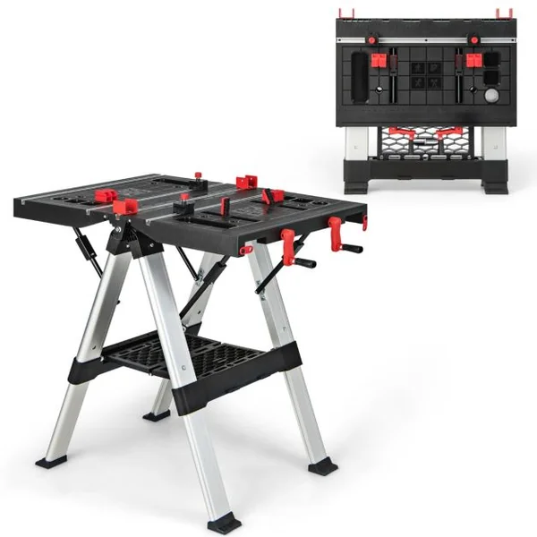 Établi Pliable avec Plate-Forme 2 en 1 et 2 Hauteurs Réglables Support de Scie Garage Cadre en Alu avec Système de Serrage et Pinces Charge 200KG Noir + Rouge