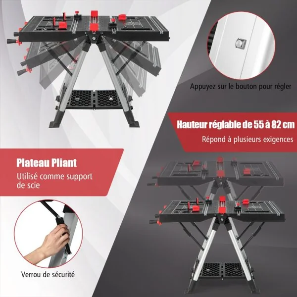 Établi Pliable avec Plate-Forme 2 en 1 et 2 Hauteurs Réglables Support de Scie Garage Cadre en Alu avec Système de Serrage et Pinces Charge 200KG Noir + Rouge