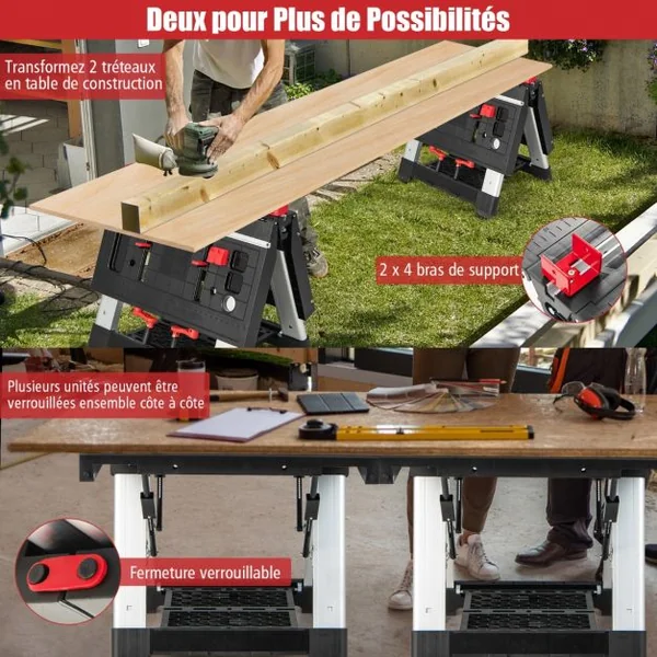 Établi Pliable avec Plate-Forme 2 en 1 et 2 Hauteurs Réglables Support de Scie Garage Cadre en Alu avec Système de Serrage et Pinces Charge 200KG Noir + Rouge