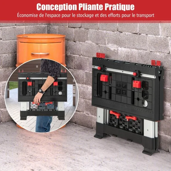 Établi Pliable avec Plate-Forme 2 en 1 et 2 Hauteurs Réglables Support de Scie Garage Cadre en Alu avec Système de Serrage et Pinces Charge 200KG Noir + Rouge