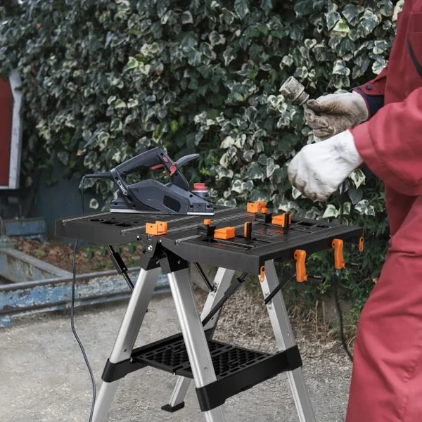 Établi Pliable avec Plate-Forme 2 en 1 et 2 Hauteurs Réglables Support de Scie Garage Cadre en Alu avec Système de Serrage et Pinces Charge 200KG