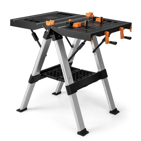 Établi Pliable avec Plate-Forme 2 en 1 et 2 Hauteurs Réglables Support de Scie Garage Cadre en Alu avec Système de Serrage et Pinces Charge 200KG