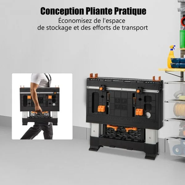 Établi Pliable avec Plate-Forme 2 en 1 et 2 Hauteurs Réglables Support de Scie Garage Cadre en Alu avec Système de Serrage et Pinces Charge 200KG