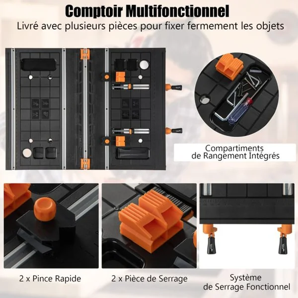 Établi Pliable avec Plate-Forme 2 en 1 et 2 Hauteurs Réglables Support de Scie Garage Cadre en Alu avec Système de Serrage et Pinces Charge 200KG
