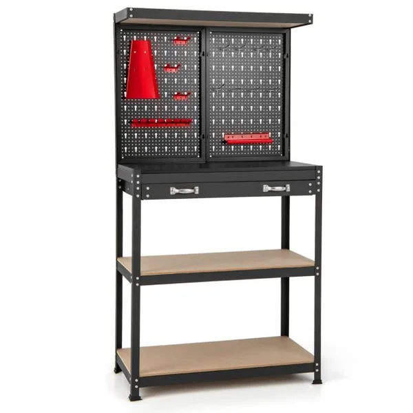 Établi à Outils avec Panneau Perforé Établi de Rangement avec Étagères et Tiroirs 14 Accessoires Suspendus Cadre en Métal Robuste Table de Travail Rouge
