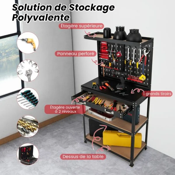 Établi à Outils avec Panneau Perforé Établi de Rangement avec Étagères et Tiroirs 14 Accessoires Suspendus Cadre en Métal Robuste Table de Travail Rouge