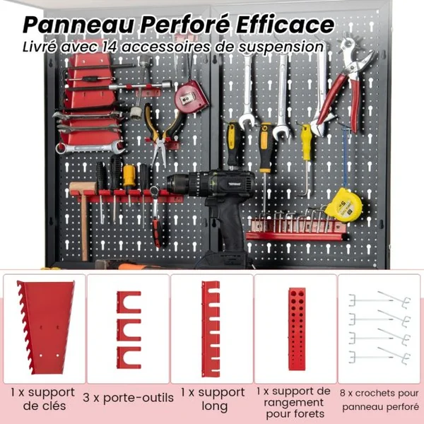 Établi à Outils avec Panneau Perforé Établi de Rangement avec Étagères et Tiroirs 14 Accessoires Suspendus Cadre en Métal Robuste Table de Travail Rouge