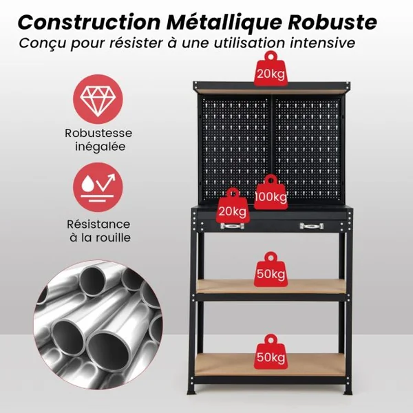 Établi à Outils avec Panneau Perforé Établi de Rangement avec Étagères et Tiroirs 14 Accessoires Suspendus Cadre en Métal Robuste Table de Travail Rouge