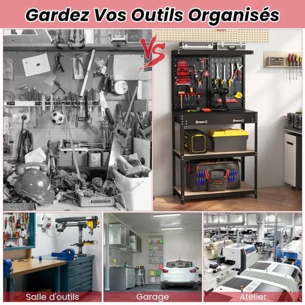 Établi à Outils avec Panneau Perforé Établi de Rangement avec Étagères et Tiroirs 14 Accessoires Suspendus Cadre en Métal Robuste Table de Travail Rouge