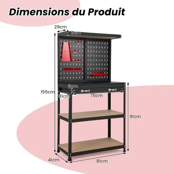 Établi à Outils avec Panneau Perforé Établi de Rangement avec Étagères et Tiroirs 14 Accessoires Suspendus Cadre en Métal Robuste Table de Travail Rouge