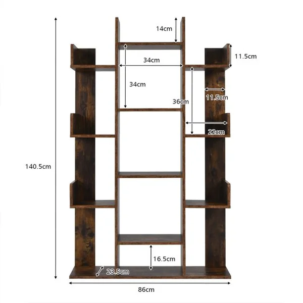 Étagère Bibliothèque à 13 Compartiments avec Patins Antidérapants Style Industrielle Capacité de Charge Totale 90 kg 86 x 24,5 x 141 cm Brun Rustique