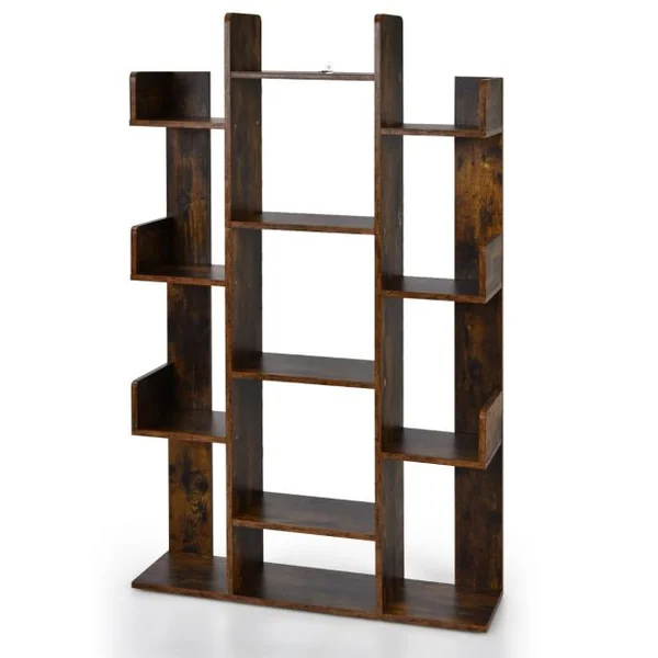 Étagère Bibliothèque à 13 Compartiments avec Patins Antidérapants Style Industrielle Capacité de Charge Totale 90 kg 86 x 24,5 x 141 cm Brun Rustique