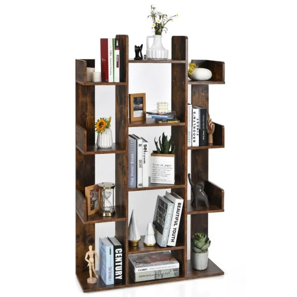 Étagère Bibliothèque à 13 Compartiments avec Patins Antidérapants Style Industrielle Capacité de Charge Totale 90 kg 86 x 24,5 x 141 cm Brun Rustique