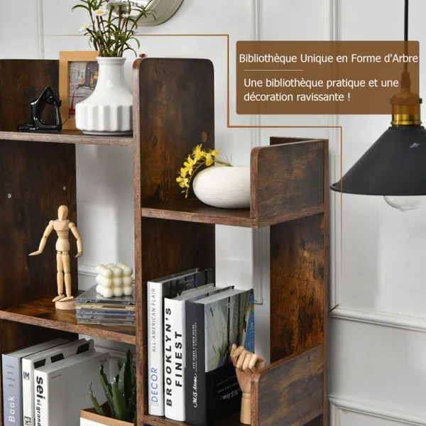Étagère Bibliothèque à 13 Compartiments avec Patins Antidérapants Style Industrielle Capacité de Charge Totale 90 kg 86 x 24,5 x 141 cm Brun Rustique