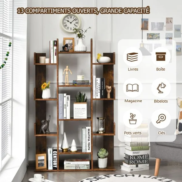 Étagère Bibliothèque à 13 Compartiments avec Patins Antidérapants Style Industrielle Capacité de Charge Totale 90 kg 86 x 24,5 x 141 cm Brun Rustique