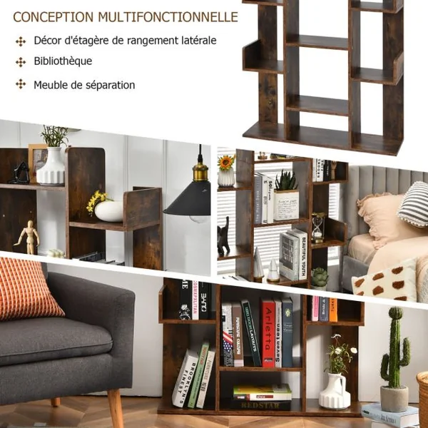 Étagère Bibliothèque à 13 Compartiments avec Patins Antidérapants Style Industrielle Capacité de Charge Totale 90 kg 86 x 24,5 x 141 cm Brun Rustique