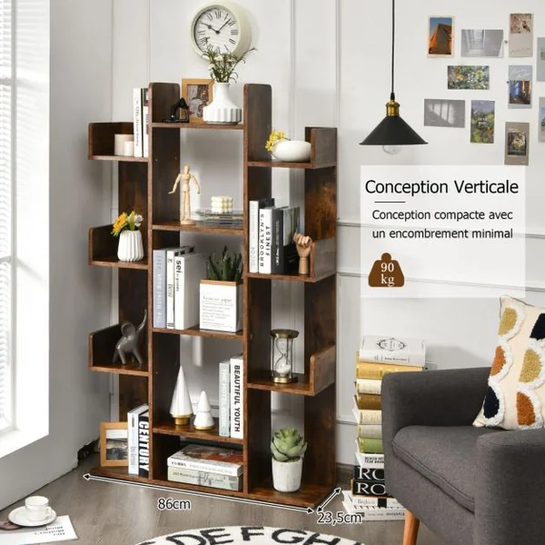 Étagère Bibliothèque à 13 Compartiments avec Patins Antidérapants Style Industrielle Capacité de Charge Totale 90 kg 86 x 24,5 x 141 cm Brun Rustique