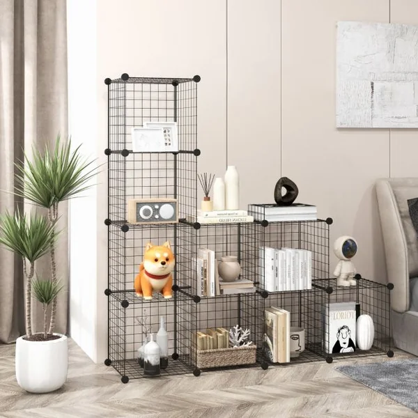 Étagère Cube en Grille Métalliques avec 12 Compartiments Armoire de Rangement Conception DIY Modulaires Empilables Noir