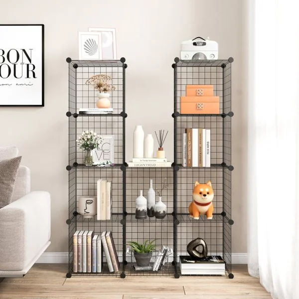 Étagère Cube en Grille Métalliques avec 12 Compartiments Armoire de Rangement Conception DIY Modulaires Empilables Noir