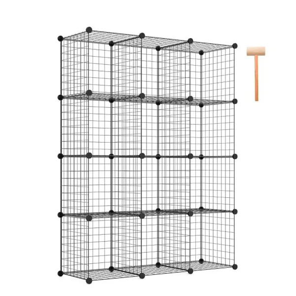 Étagère Cube en Grille Métalliques avec 12 Compartiments Armoire de Rangement Conception DIY Modulaires Empilables Noir