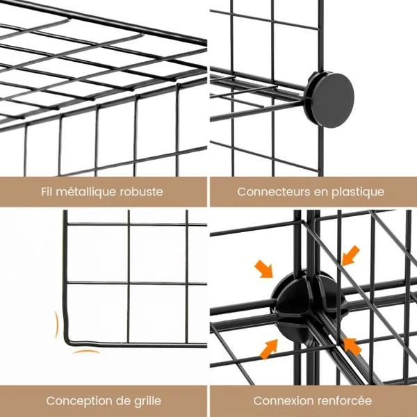 Étagère Cube en Grille Métalliques avec 12 Compartiments Armoire de Rangement Conception DIY Modulaires Empilables Noir
