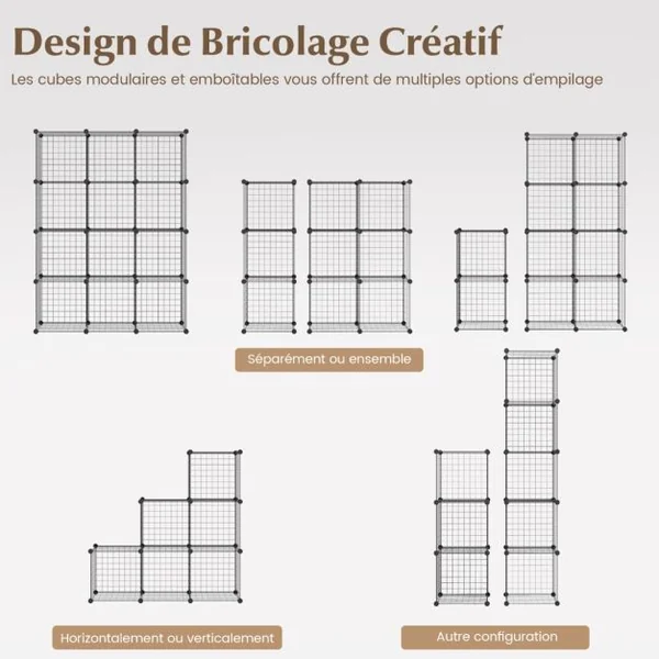Étagère Cube en Grille Métalliques avec 12 Compartiments Armoire de Rangement Conception DIY Modulaires Empilables Noir
