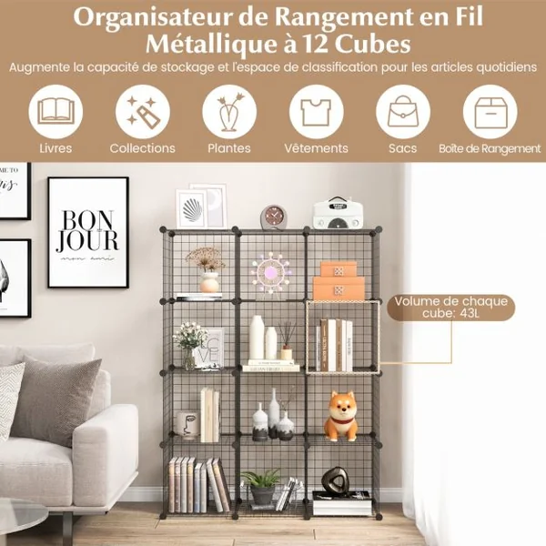 Étagère Cube en Grille Métalliques avec 12 Compartiments Armoire de Rangement Conception DIY Modulaires Empilables Noir