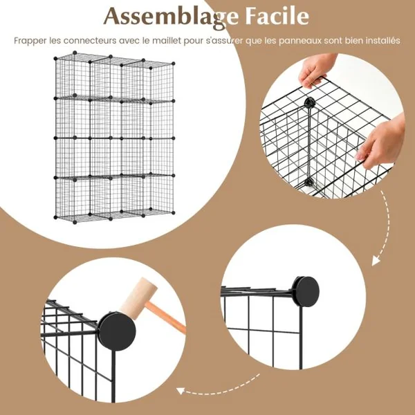 Étagère Cube en Grille Métalliques avec 12 Compartiments Armoire de Rangement Conception DIY Modulaires Empilables Noir