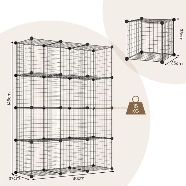 Étagère Cube en Grille Métalliques avec 12 Compartiments Armoire de Rangement Conception DIY Modulaires Empilables Noir